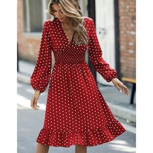 Nwt Retro V Neck Ruffle Long Sleeve Polka Dot Midi Dress Red White M L XL